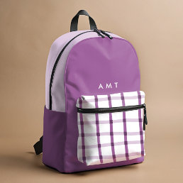 Purple Gingham Plaid Personalized Name Initials Printed Backpack