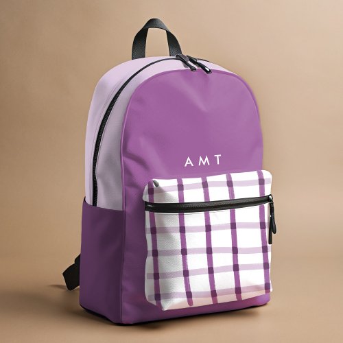 Purple Gingham Plaid Personalized Name Initials Printed Backpack