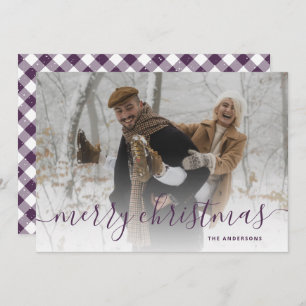 Purple Gingham Plaid Photo Merry Christmas Holiday Card