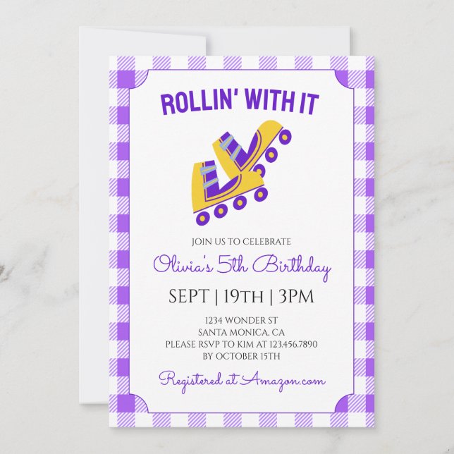 Purple Gingham Roller Skating Birthday Party Invitation (Front)