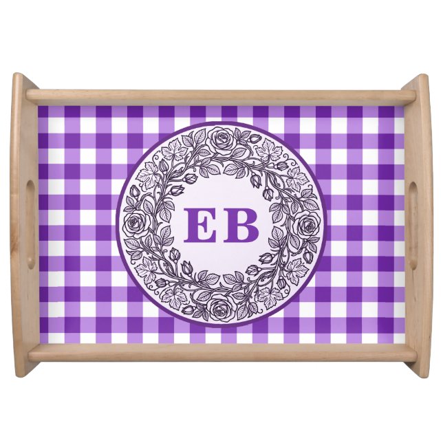 Purple Gingham Rose Monogram Wedding Host Decor Serving Tray (Front)