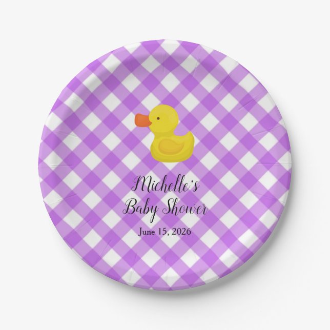 Purple Gingham Rubber Duckie Baby Shower Paper Plates (Front)