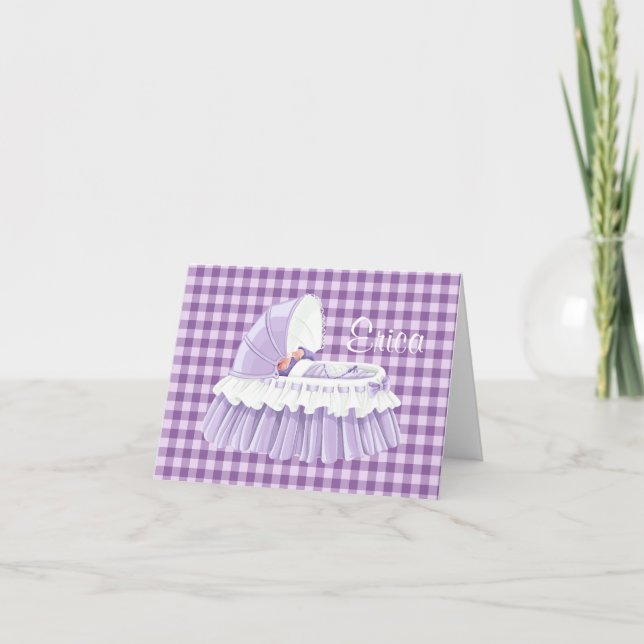 Purple Gingham Ruffled Bassinet Blank Notecard (Front)