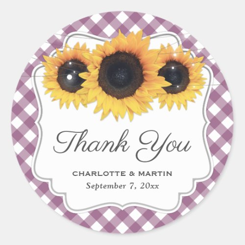 Purple Gingham Rustic Sunflower Floral Thank You Classic Round Sticker