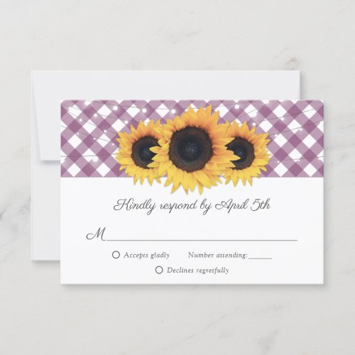 Purple Gingham Rustic Sunflower Wedding RSVP Card