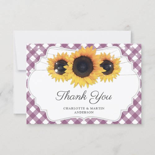 Purple Gingham Rustic Sunflower Wedding Thank You Card