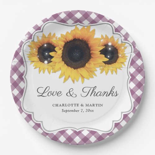 Purple Gingham Sunflower Love and Thanks Wedding Paper Plates