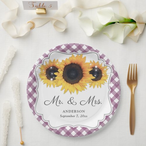 Purple Gingham Sunflower Mr and Mrs Wedding Paper Plates