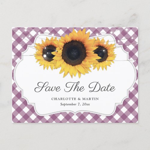 Purple Gingham Sunflower Wedding Save The Date Announcement Postcard
