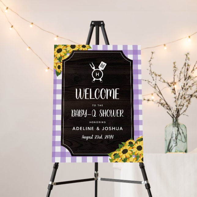 Purple Gingham Sunflowers Baby-Q Shower Welcome Fo Foam Board (In Situ (Stand))
