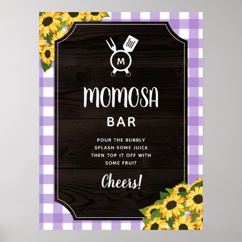 Purple Gingham Sunflowers Monogram Momosa Bar Poster