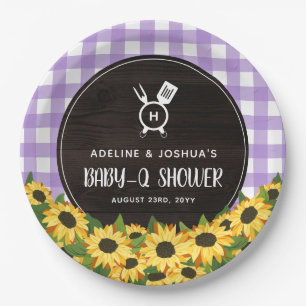 Purple Gingham & Sunflowers Rustic Baby-Q Shower Paper Plates