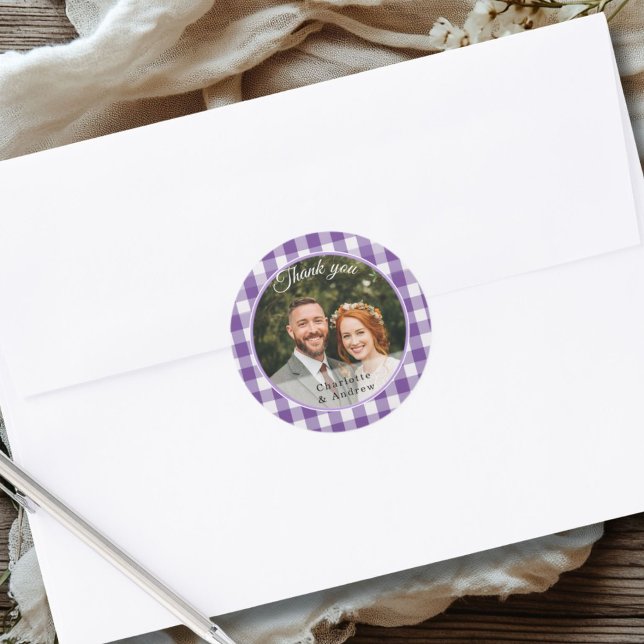 Purple Gingham Thank you Photo Classic Round Sticker (Purple Gingham Thank you Photo Classic Round Sticker)