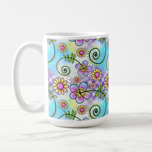 Purple Gingham with Hand_drawn Flowers and Vines Coffee Mug