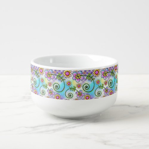 Purple Gingham with Hand_drawn Flowers and Vines Soup Mug