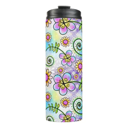Purple Gingham with Hand_drawn Flowers and Vines Thermal Tumbler