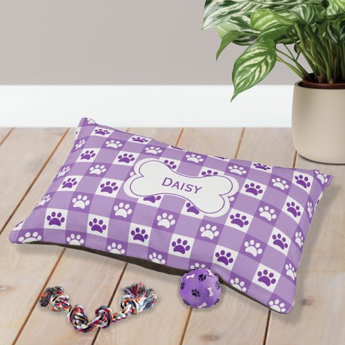 Purple Gingham with Paw Prints and Bone Pet Bed