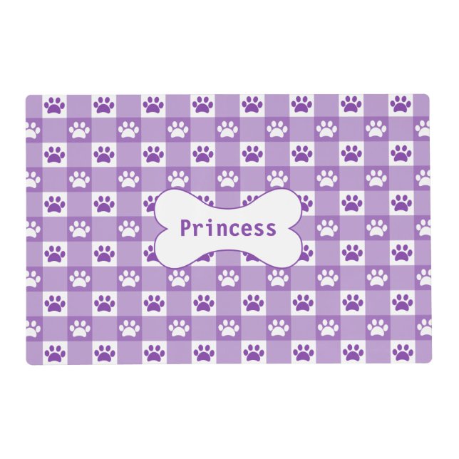 Purple Gingham with Paw Prints and Bone Placemat (Front)