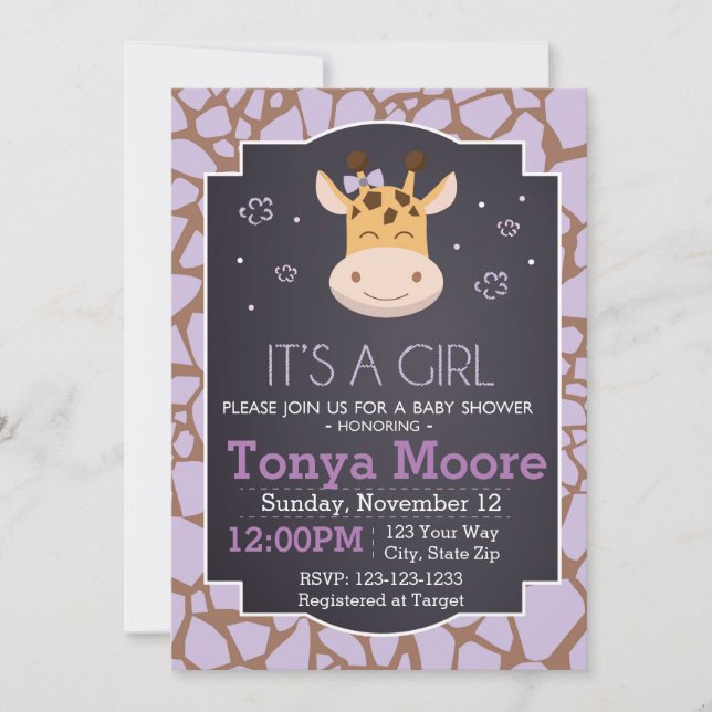 Purple Giraffe Baby Shower Invitation (girl) (Front)
