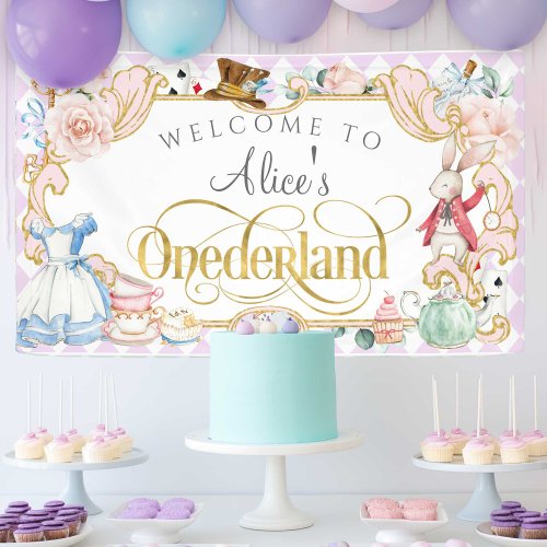 purple girl 1st birthday Alice Onederland banner