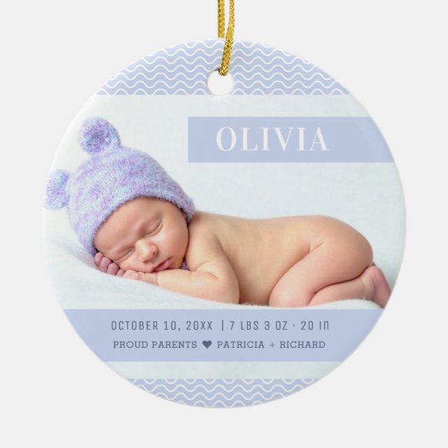 Purple Girl Baby Birth Stats Christmas Photo Ceramic Ornament (Front)