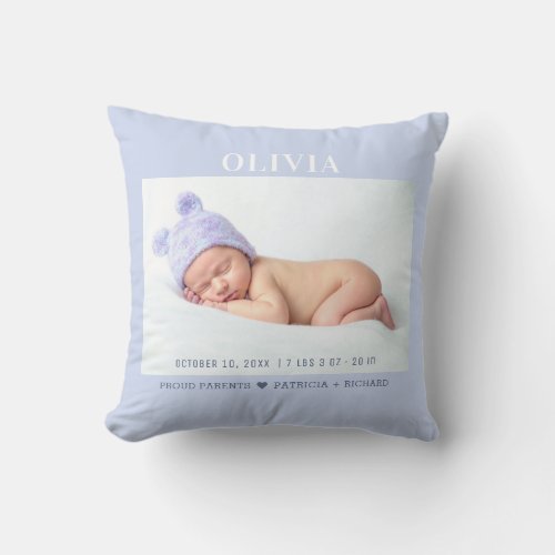 Purple Girl Baby Photo Keepsake Birth Stats Throw Pillow