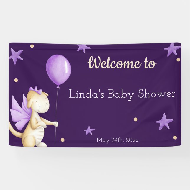 Purple Girl Baby Shower Dragon Welcome Banner (Horizontal)