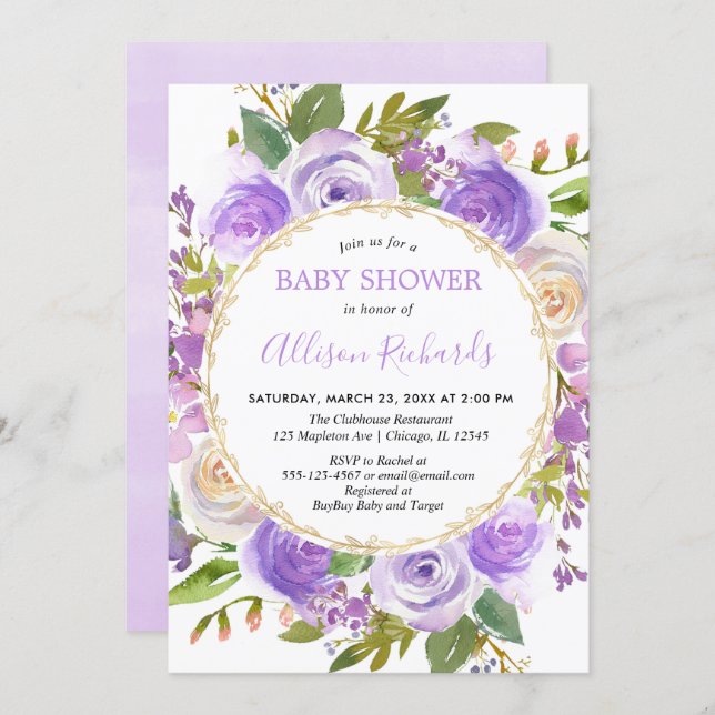 Purple girl baby shower, floral lavender lilac invitation (Front/Back)
