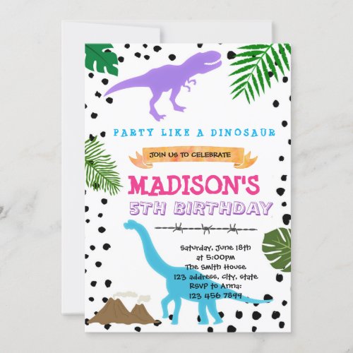 Purple girl dinosaur party birthday invitation