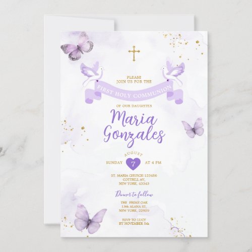 Purple Girl First Holy Communion Cross Butterfly Invitation