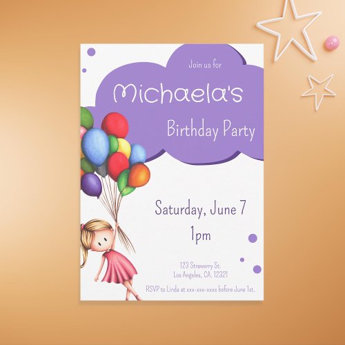 Purple Girl Floating Up with Balloons Birthday Invitation