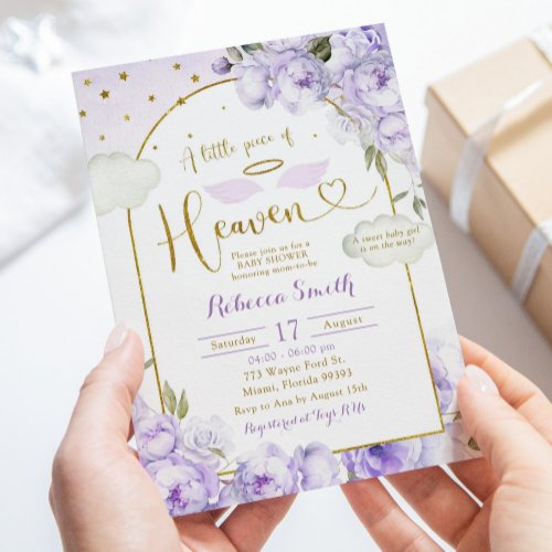 Purple Girl Little Piece of Heaven Baby Shower Invitation