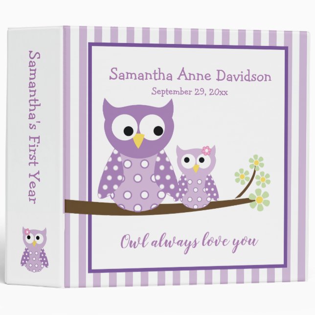 Purple Girl Owls Mom & Baby Photo Album 3 Ring Binder (Front/Spine)