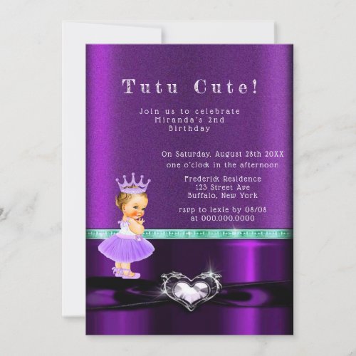 Purple Girl Princess TuTu Cute 2nd Birthday Party Invitation
