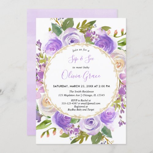 Purple girl Sip and See floral lavender lilac Invitation
