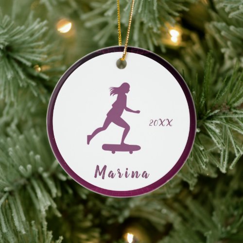 Purple Girl Skater Skating Kids Name Cute  Pretty Ceramic Ornament