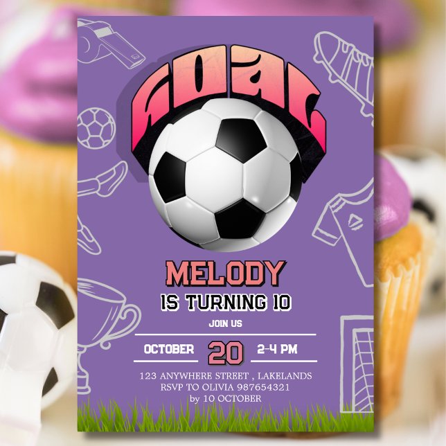 Purple Girl Soccer Ball Birthday Party Invitation (Creator Uploaded)