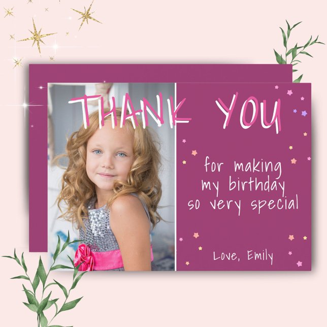 Purple Girl Stars Birthday Thank you Photo Card (Creator Uploaded)