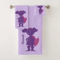 Purple Girl Superhero Silhouette Personalized Kids Bath Towel Set