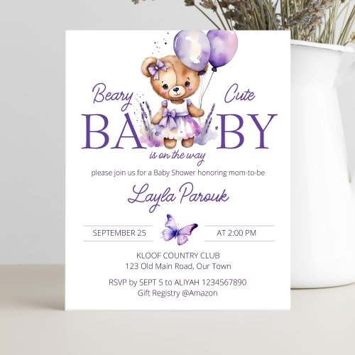 Purple girl teddy bear baby shower invitation