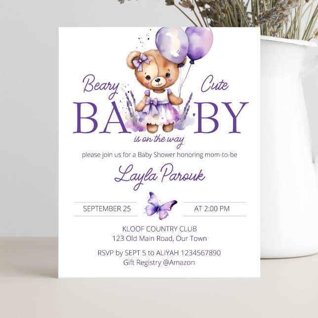 Purple girl teddy bear baby shower invitation (Purple lavender teddy bear girl baby shower budget invitation a cute teddy bear with balloons)