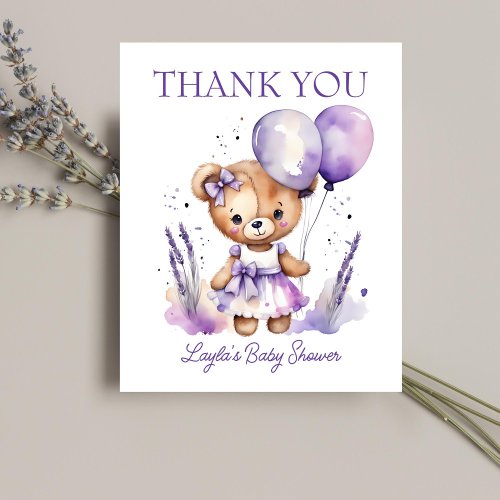 Purple girl teddy bear baby shower thank you card