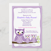 Purple Girl Twin Hoot Owls Baby Shower Invitation (Front/Back)