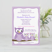 Purple Girl Twin Hoot Owls Baby Shower Invitation (Standing Front)