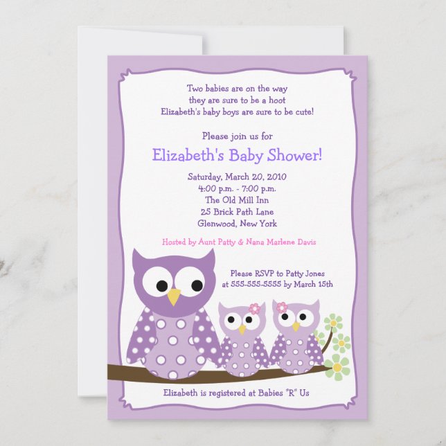 Purple Girl Twin Hoot Owls Baby Shower Invitation (Front)
