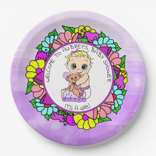 Purple Girls Baby Shower Baby with Teddy Bear Paper Plates