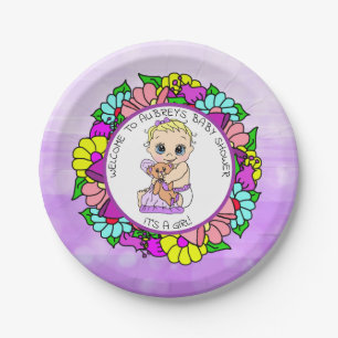 Purple Girl's Baby Shower, Baby with Teddy Bear Paper Plates