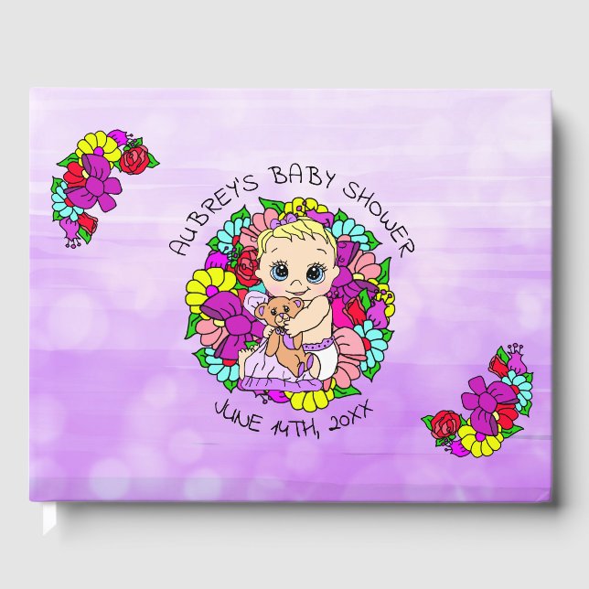 Purple Girl's Baby Shower Caucasian Baby Whimsical Guest Book (Front)