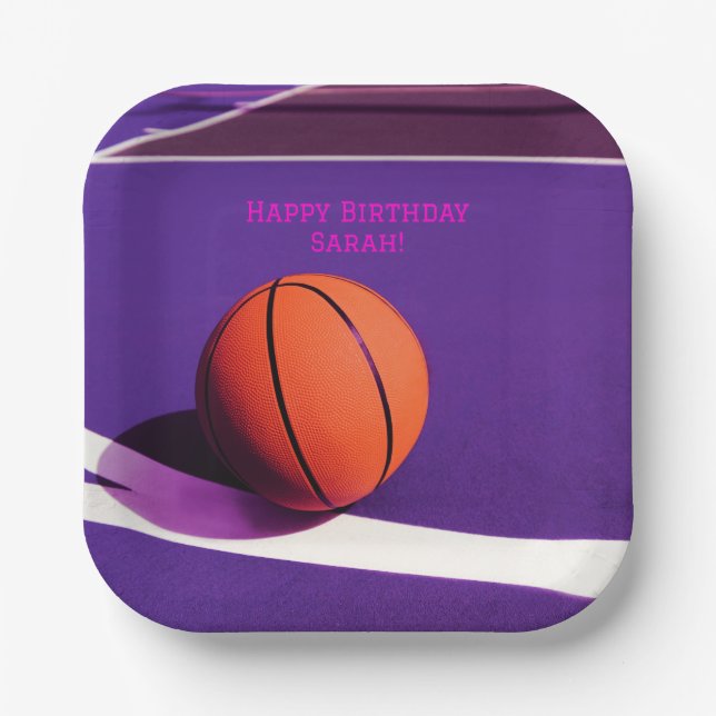 Purple Girls Birthday Party Basketball  Paper Plates (Front)