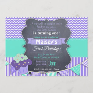 Purple Girls Cupcake Blackboard 1st Birthday Invitation